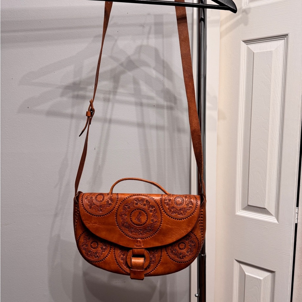 Hand Tooled Brown Leather Shoulder Bag
